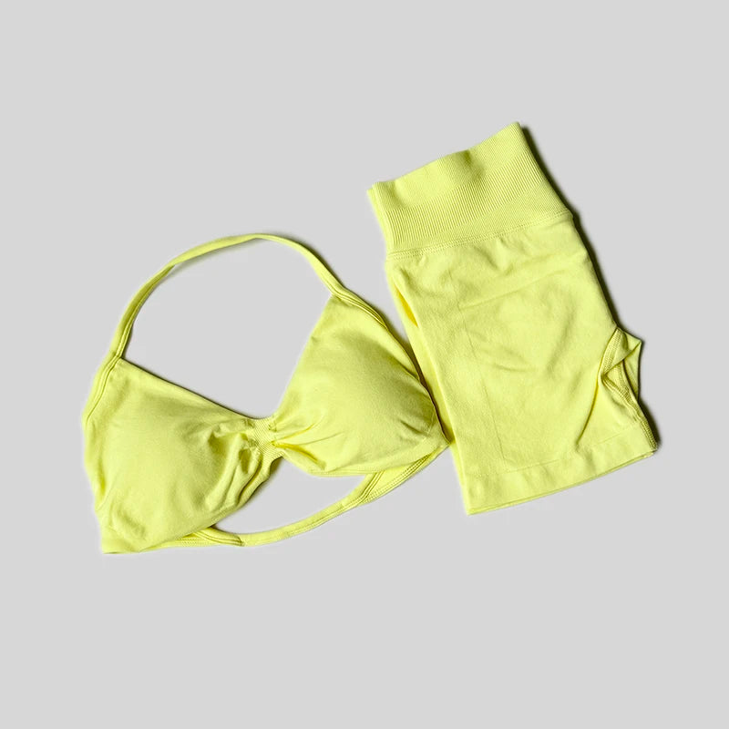 Impact Gym Set Women 2 Piece Sets Halter Neck Tank Tops High Waist Scrunch Seamless Shorts Sport Suit Sportswear Workout Set