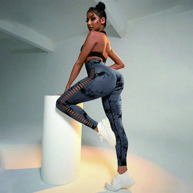 Women Hollow Out Tie Dye Legging Seamless Knit Pants High Elastic Hip Liftting Yoga Tights  Gym Running Sexy Slim Leggings