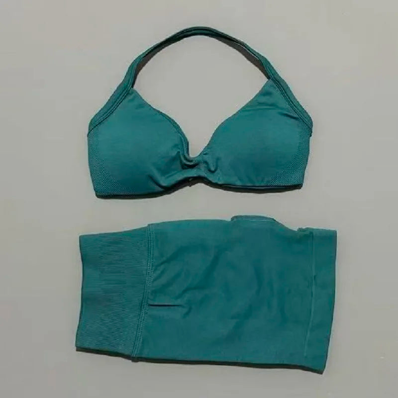 2 Piece Sports Gym Set Strappy Bra Yoga Underwear Short Sport Leggings Bicycle Running Sportswear Woman Seamless Yoga Set