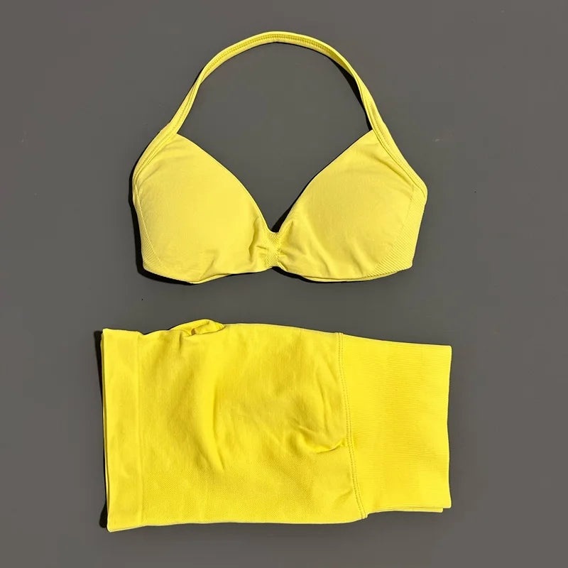 2 Piece Sports Gym Set Strappy Bra Yoga Underwear Short Sport Leggings Bicycle Running Sportswear Woman Seamless Yoga Set