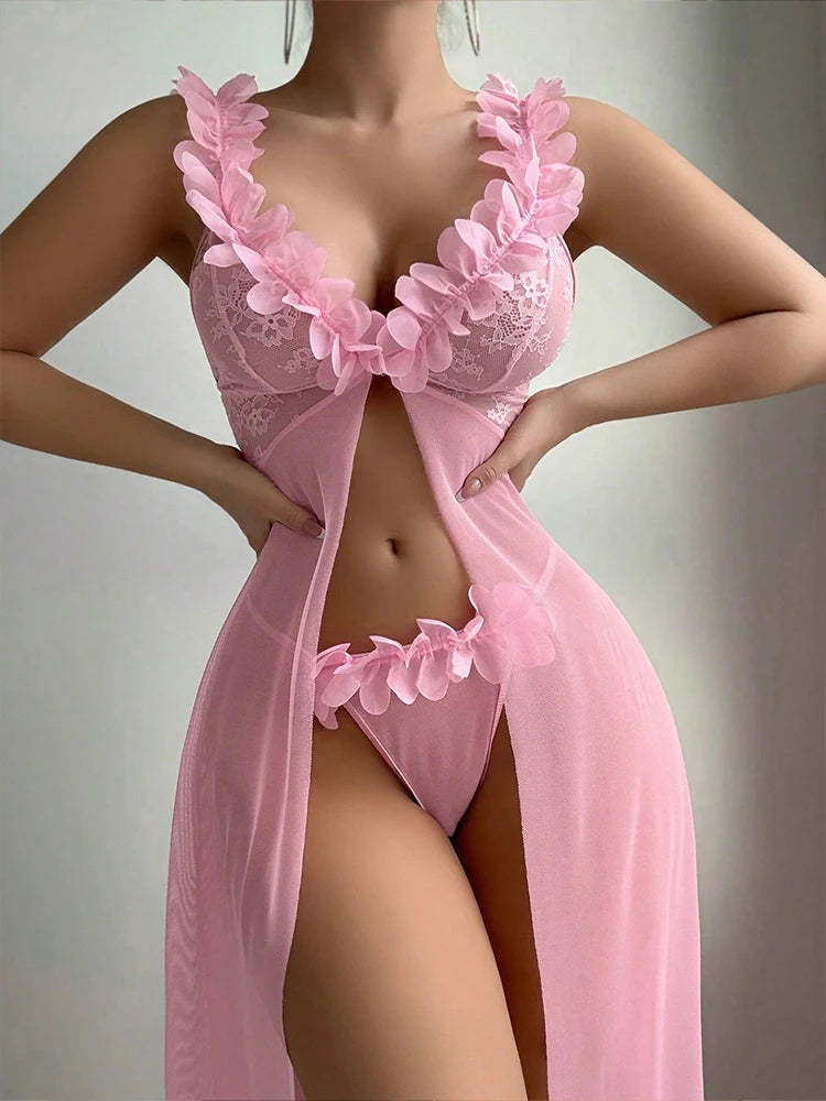 Sexy Lingerie Nightgowns Pink Floral Sleepwear Summer Slip Night Dress Deep-V Lace Sleep Dress Mesh See Through Babydoll Nightie
