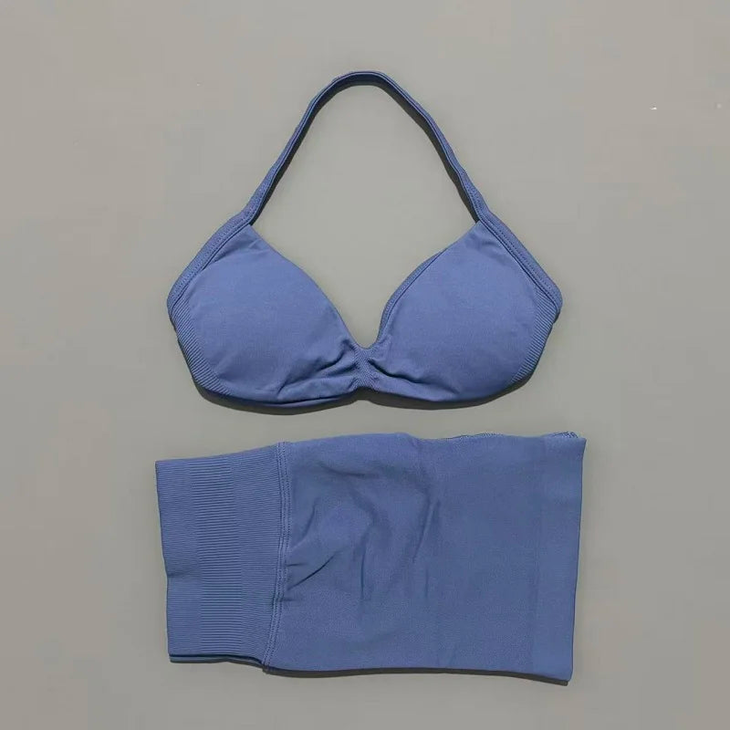 2 Piece Sports Gym Set Strappy Bra Yoga Underwear Short Sport Leggings Bicycle Running Sportswear Woman Seamless Yoga Set