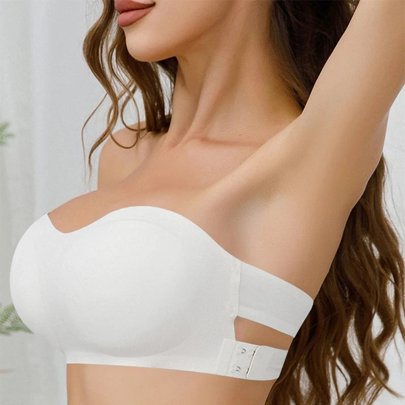 Women's Sexy Strapless Push Up Bra Removable Padded Seamless Ice Silk Top Women Invisible Beauty Back Anti-slip Off-shoulder Bra