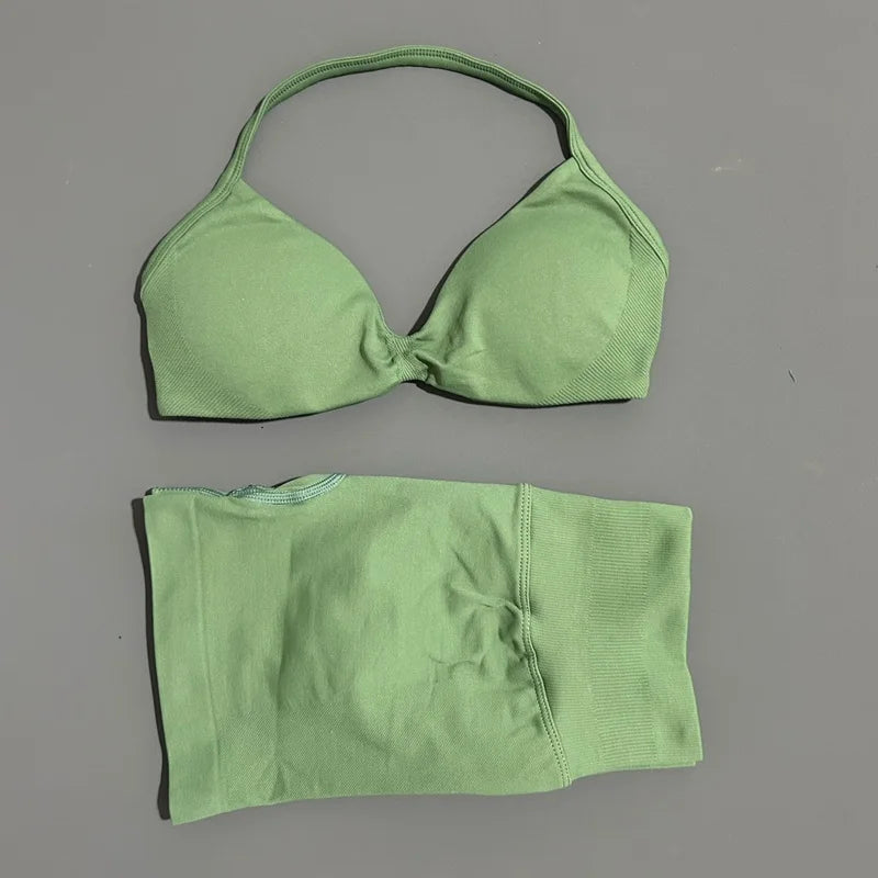 2 Piece Sports Gym Set Strappy Bra Yoga Underwear Short Sport Leggings Bicycle Running Sportswear Woman Seamless Yoga Set