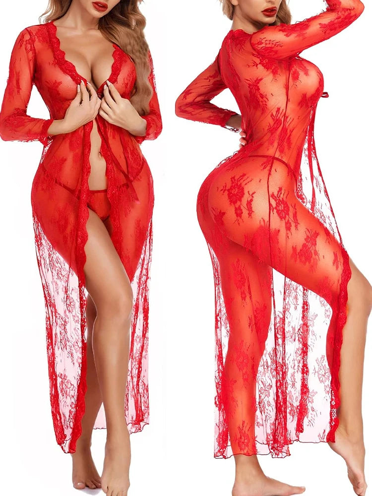 Sexy Lingerie Nightgowns Pink Floral Sleepwear Summer Slip Night Dress Deep-V Lace Sleep Dress Mesh See Through Babydoll Nightie