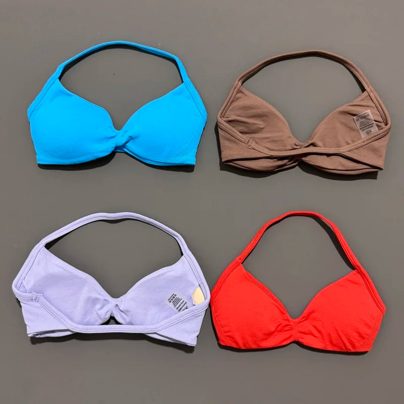 HISTELLO Impact Strappy Bra Gym Top Women High Support Thin Strap Halter Sports Seamless Bras Scrunch Push-up Workout Yoga Tanks