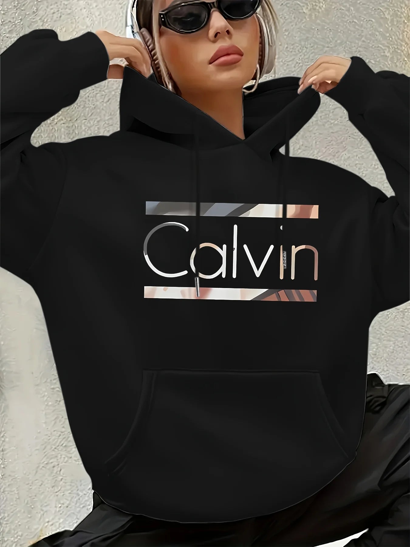Women'S Vintage-Inspired Calvin Letter Print Hoodie Long Sleeve Kangaroo Pocket Fashion Casual HipHop Sweatshirt Harajuku Unisex