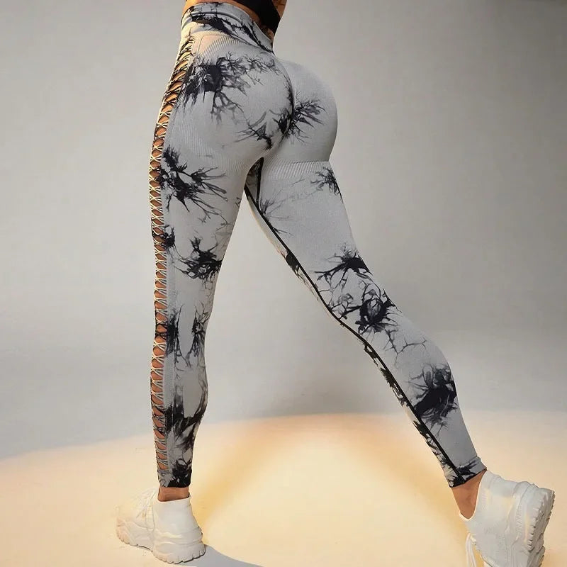 Women Hollow Out Tie Dye Legging Seamless Knit Pants High Elastic Hip Liftting Yoga Tights  Gym Running Sexy Slim Leggings