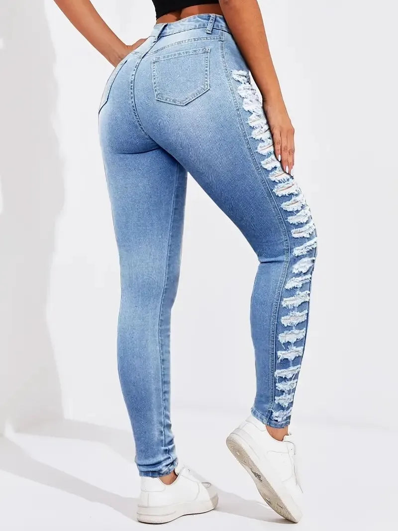Women's fashionable washing light blue side layered ripped elastic slim fit and hip-retracted casual nine-point foot jeans