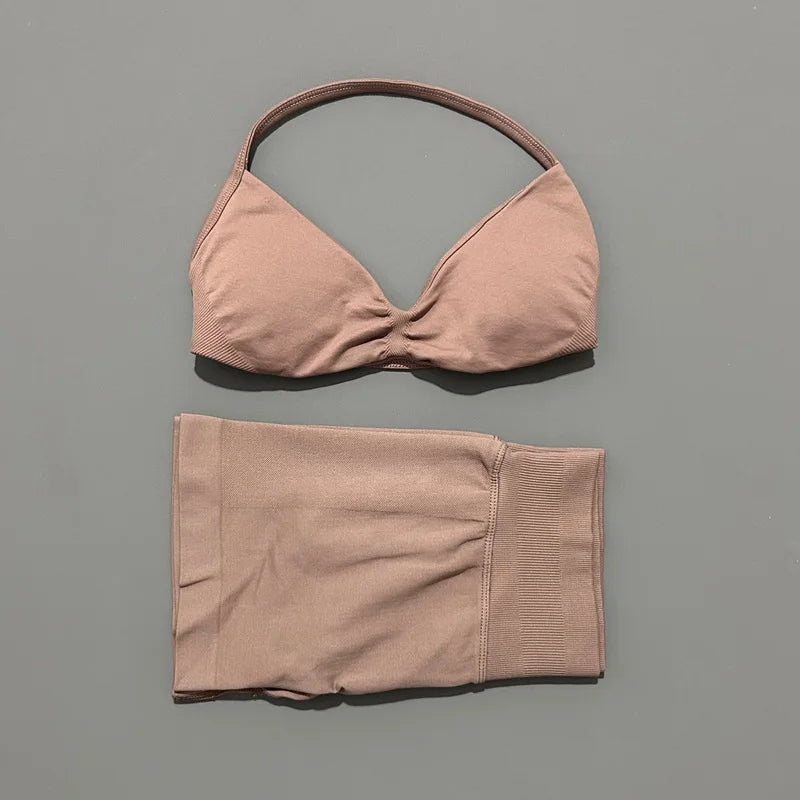 2 Piece Sports Gym Set Strappy Bra Yoga Underwear Short Sport Leggings Bicycle Running Sportswear Woman Seamless Yoga Set