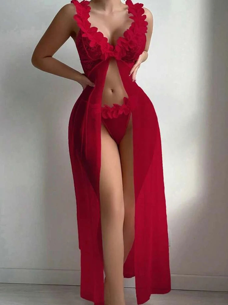 Sexy Lingerie Nightgowns Pink Floral Sleepwear Summer Slip Night Dress Deep-V Lace Sleep Dress Mesh See Through Babydoll Nightie