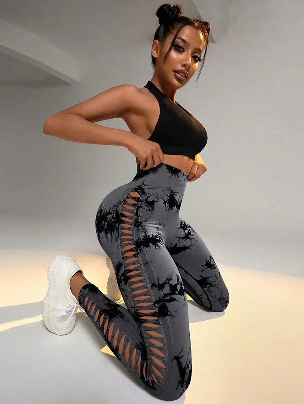 Women Hollow Out Tie Dye Legging Seamless Knit Pants High Elastic Hip Liftting Yoga Tights  Gym Running Sexy Slim Leggings